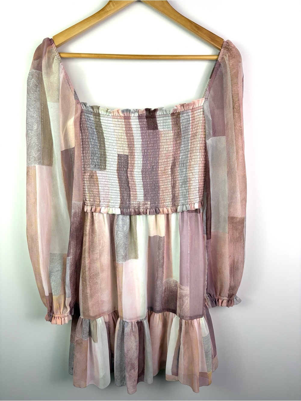 Aritzia Smocked Patchwork Mini Dress — Mauve & Blush Tones size S - Picture 2 of 14